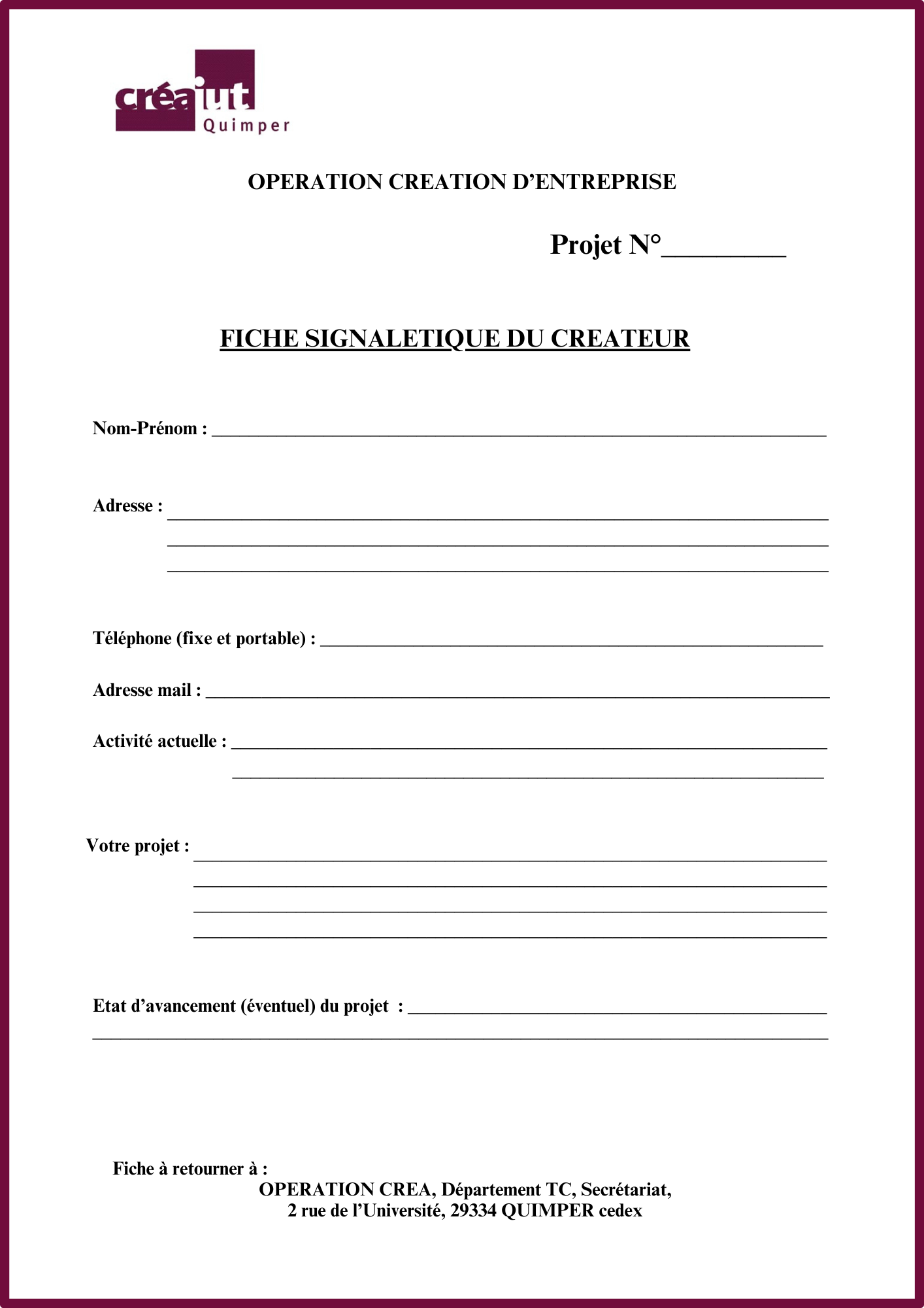 Fiche contact pour les porteurs de projet qui souhaiteraient participer à l'opération CREA